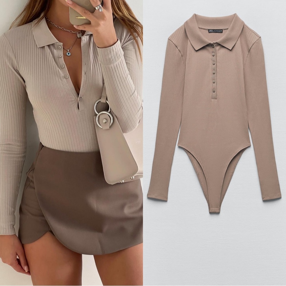Zara Beige Ribbed Bodysuit